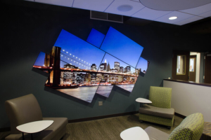 video wall in office, hotel lobby