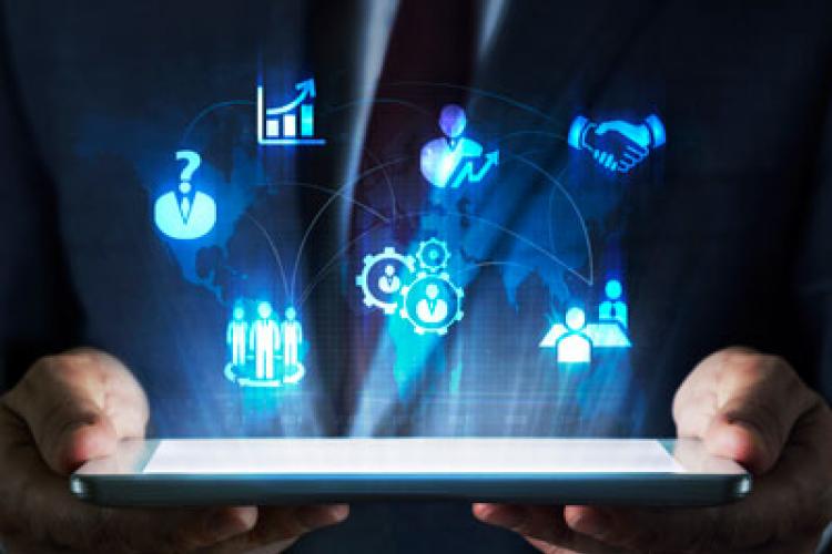 financial technology solutions tablet with advanced technology icon holograms