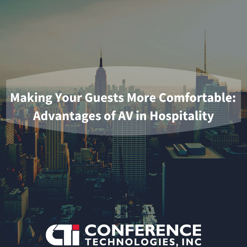 Making Your Guests More Comfortable_ Advantages of AV in Hospitality dark filter of city scape with title text overlay