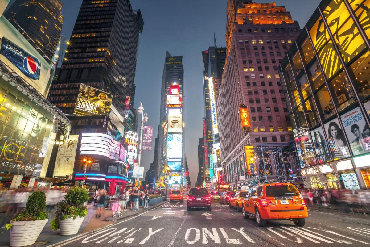 Night shot of Times Square, New York times square at night, video walls, digital signage