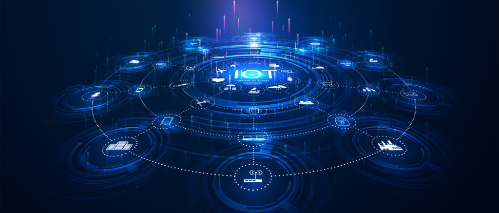 landing page IoT. Internet of things devices and connectivity concepts on a network. Spider web of network connections with on a futuristic blue background. landing page IoT. Internet of things devices and connectivity concepts on a network.