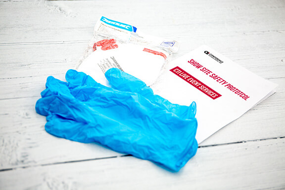 brochure, mask, and gloves
